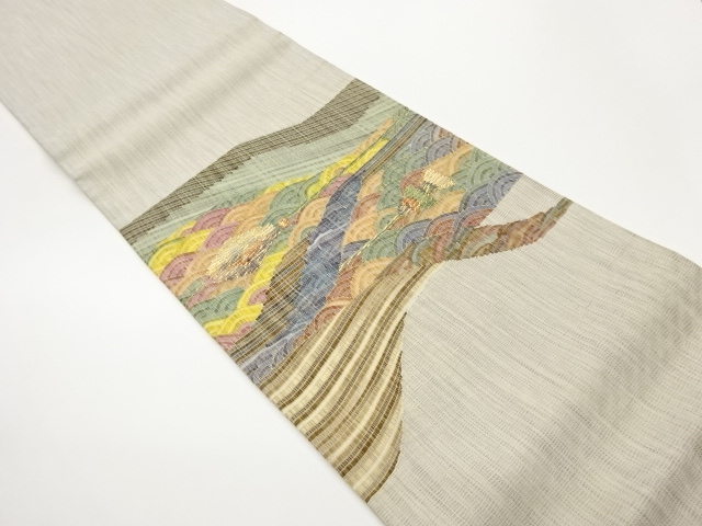 紙布紐通し金通し青海波に花模様織出し袋帯